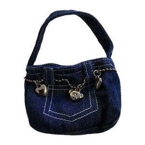 Build-a-Bear Navy Blue Denim Purse Handbag Silver Heart + Bear Charms HTF